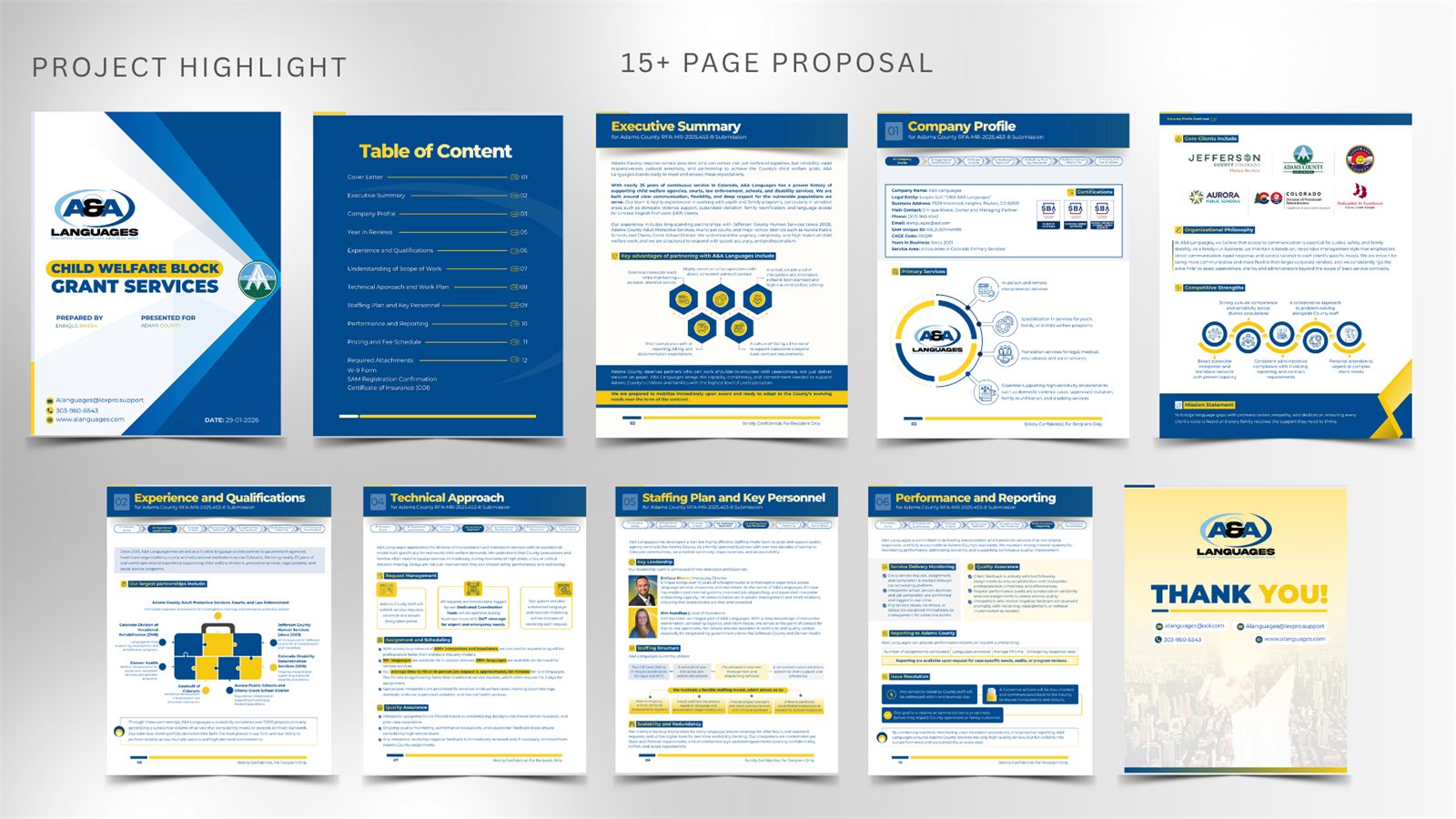 A and A Languages proposal spread in blue and yellow: cover, contents, executive summary, company profile, technical approach, staffing plan and performance reporting.