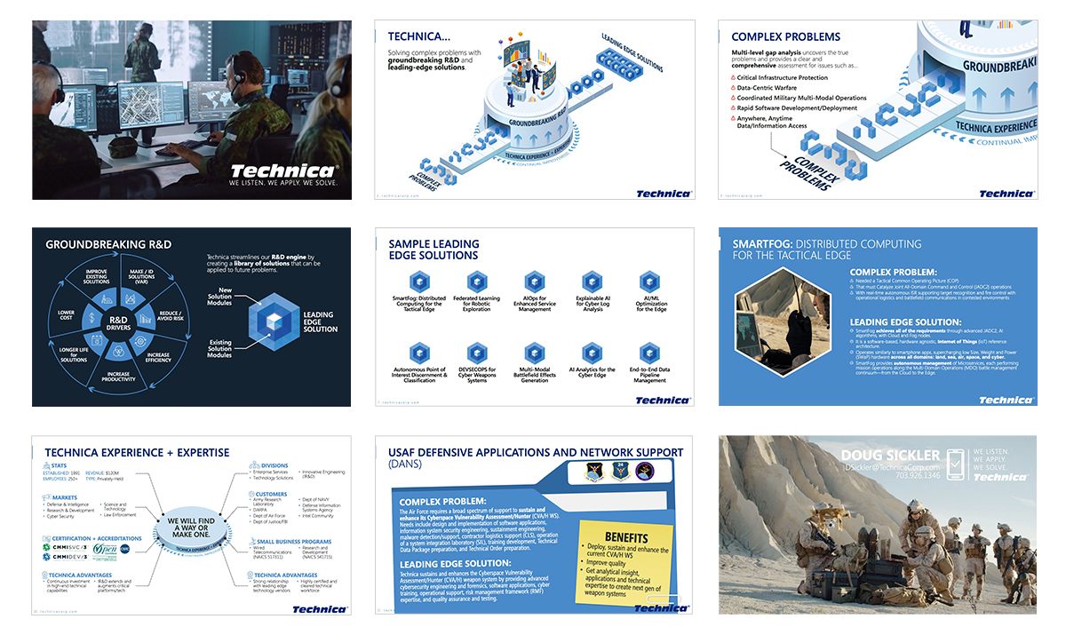 Technica capability deck slides in blue and navy covering R and D drivers, tactical edge computing, USAF defensive applications and company accreditations.