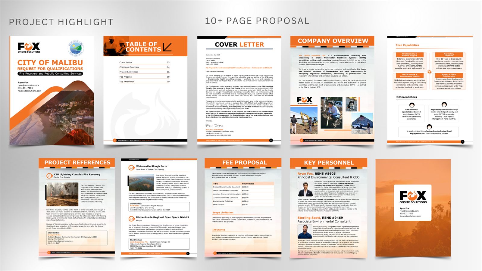 Fox Onsite Solutions proposal spread in orange and charcoal: cover, contents, cover letter, company overview, project references, fee proposal and key personnel.