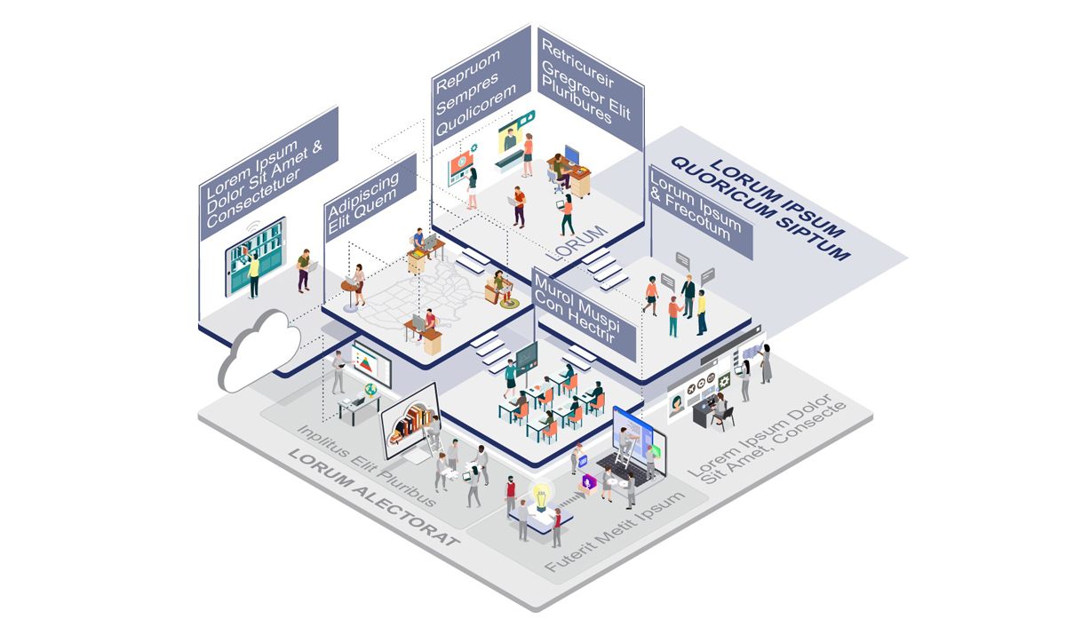 An isometric layered concept graphic showing stacked floors of activity with labelled planes and callout tabs.