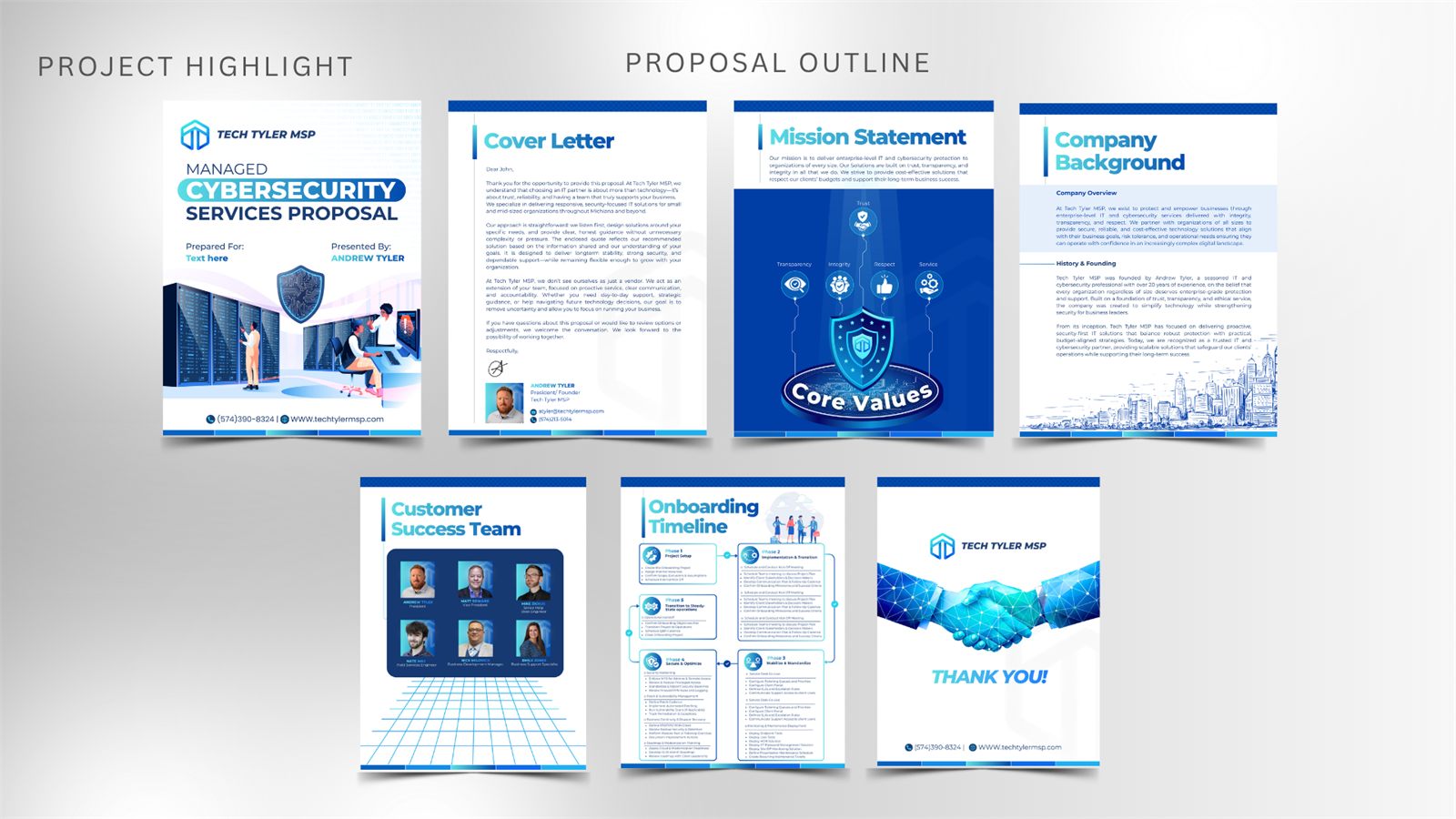 Tech Tyler MSP cybersecurity proposal spread in blue: cover, cover letter, mission statement, company background, customer success team and onboarding timeline.